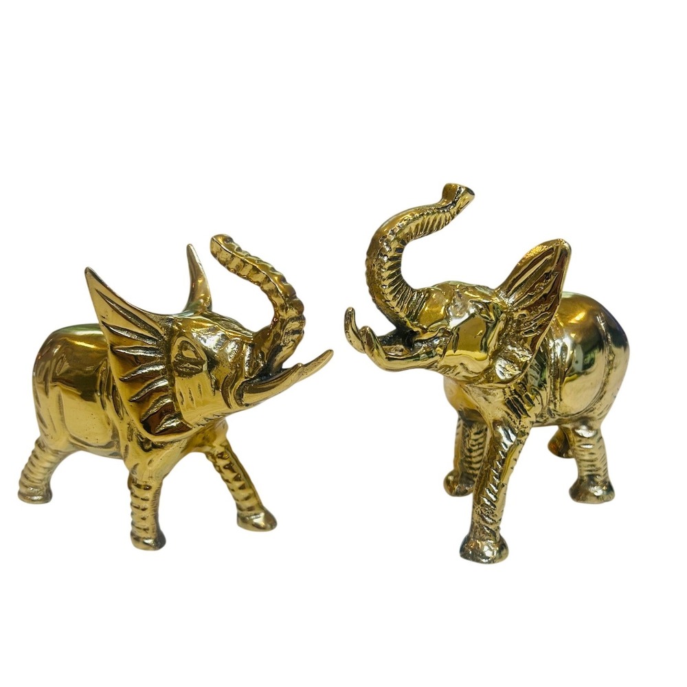 Vintage Solid Brass Elephant Figurines Set of 2 Trunk Up Good Luck Statues Gold
